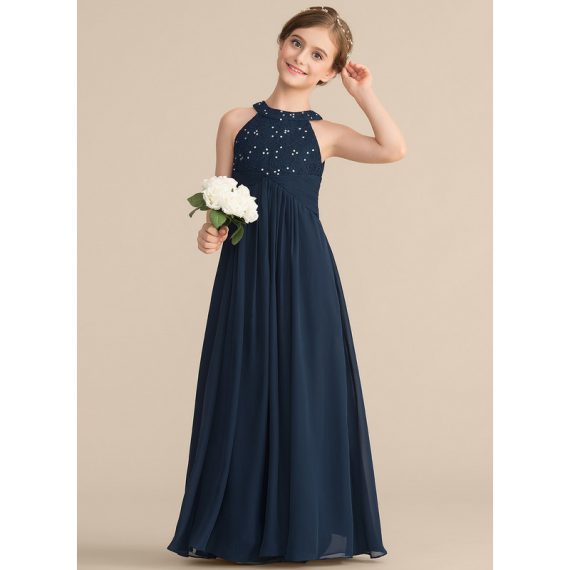 A-Line Halter Floor-Length Chiffon Lace Junior Bridesmaid Dress With Beading