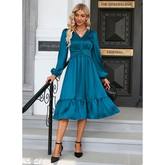 V-Neck Long Sleeves Elegant A-line Satin Dresses