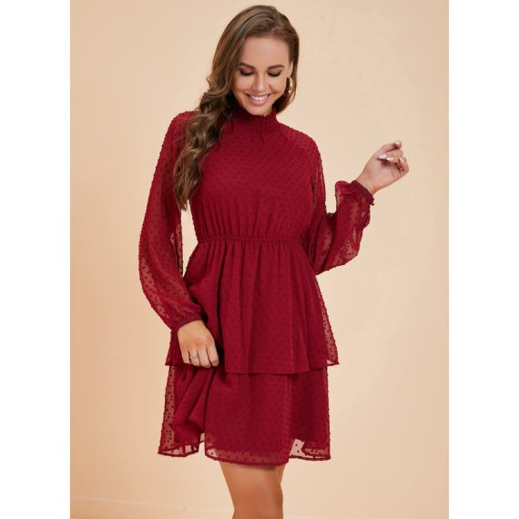 Ruffle High Neck Long Sleeves Elegant A-line Chiffon Mini Dresses