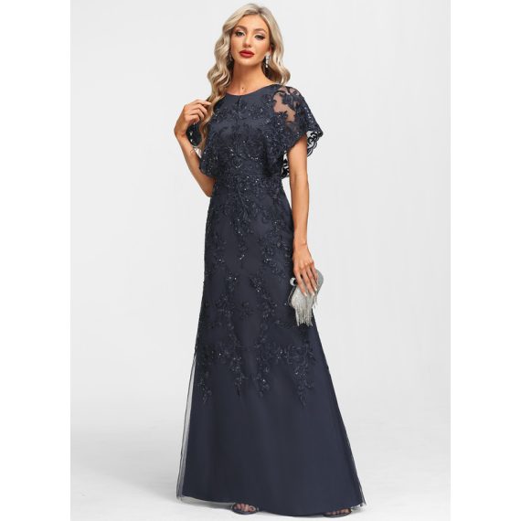 Sheath/Column Scoop Floor-Length Tulle Lace Evening Dress With Sequins
