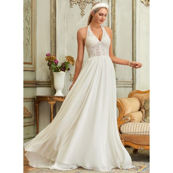 A-line Halter Sweep Train Chiffon Lace Wedding Dress