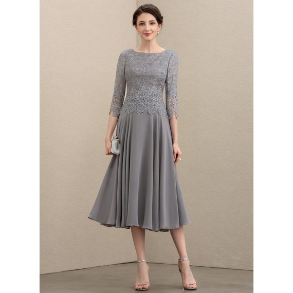 A-Line Scoop Tea-Length Chiffon Lace Mother of the Bride Dress