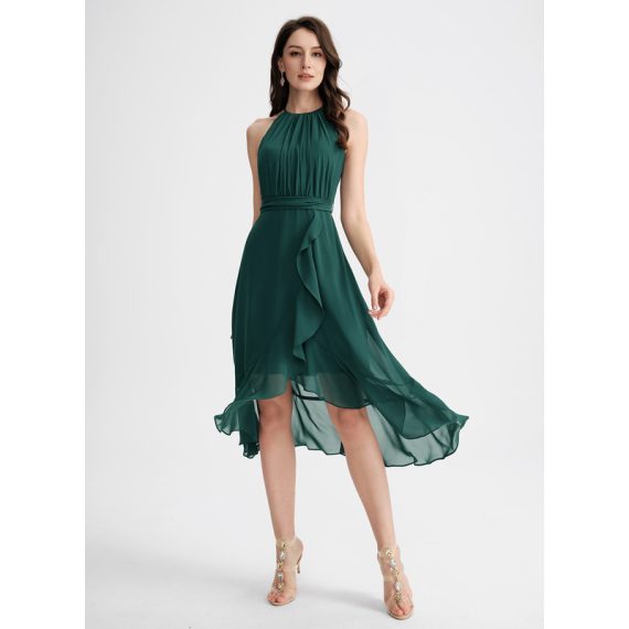 A-Line Scoop Asymmetrical Chiffon Cocktail Dress With Ruffle Bow(s)