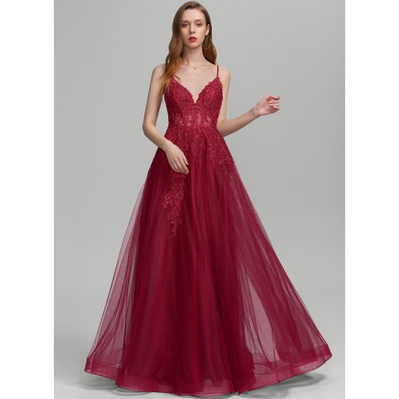 Ball-Gown/Princess V-neck Floor-Length Tulle Lace Prom Dresses With Beading Sequins