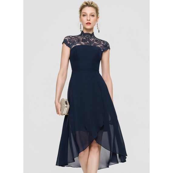 A-Line High Neck Asymmetrical Chiffon Cocktail Dress