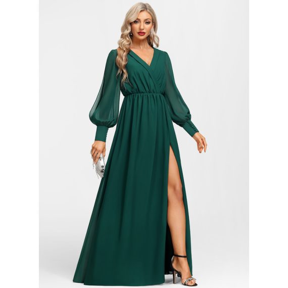 A-Line V-neck Floor-Length Chiffon Evening Dress With Pleated