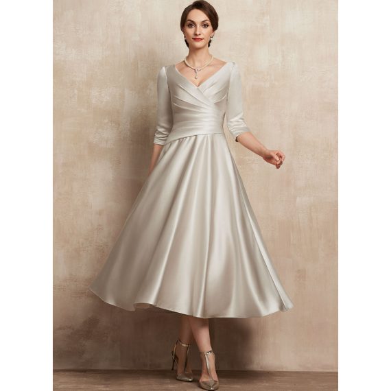A-Line V-neck Tea-Length Satin Cocktail Dress With Pleated