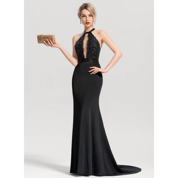 Trumpet/Mermaid Scoop Sweep Train Lace Jersey Evening Dress With Beading Sequins