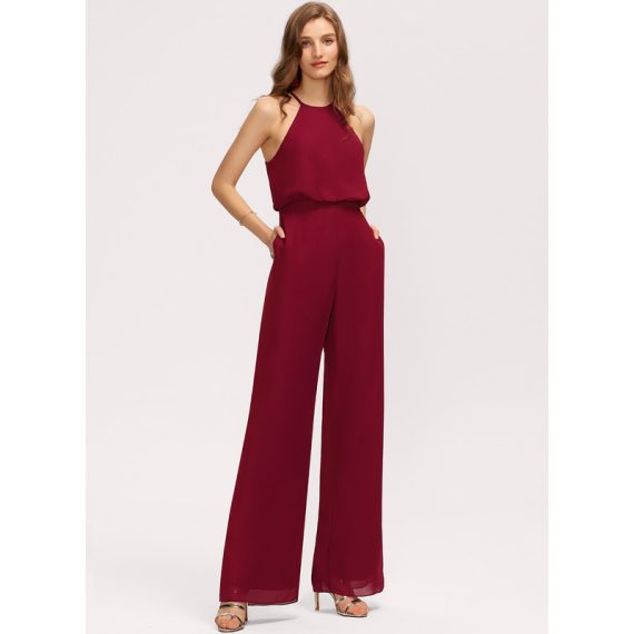 Jumpsuit/Pantsuit Scoop Neck Floor-Length Chiffon Bridesmaid Dress With Pockets