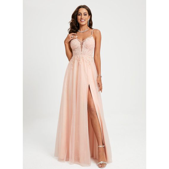Ball-Gown/Princess V-Neck Floor-Length Lace Tulle Prom Dresses With Beading Sequins