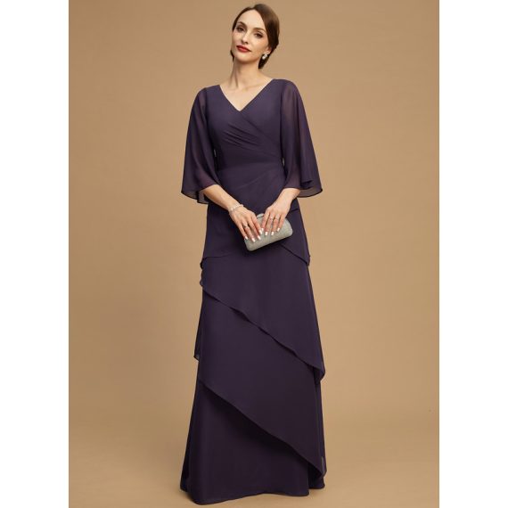 A-line V-Neck Floor-length Chiffon Mother of the Bride Dress With Cascading Ruffles