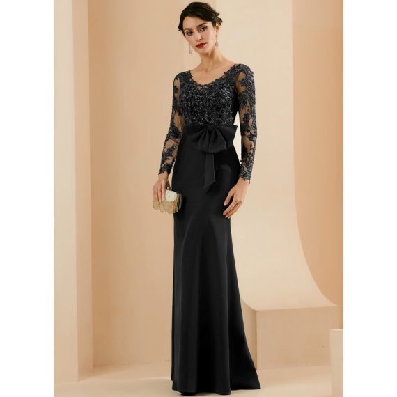 Sheath/Column V-neck Floor-Length Lace Stretch Crepe Evening Dress With Sequins Bow(s)
