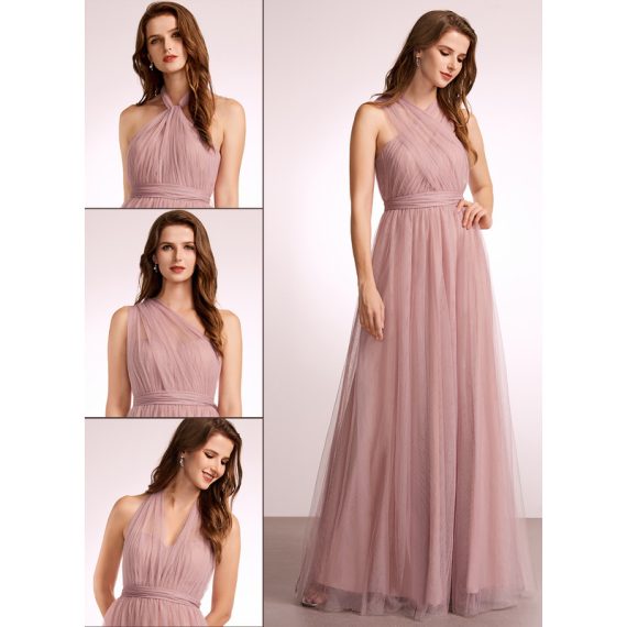 A-Line One-Shoulder V-neck Off-the-Shoulder Floor-Length Tulle Bridesmaid Dress