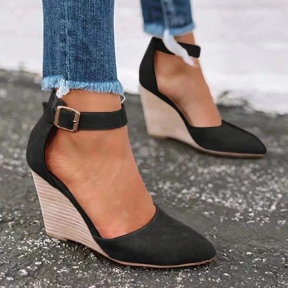 Women's Suede Wedge Heel Pumps Closed Toe With Buckle shoes