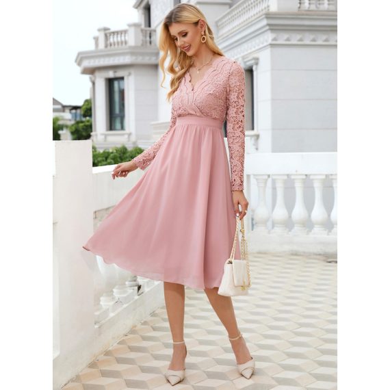 V-Neck Long Sleeves Elegant A-line Lace Midi Dresses