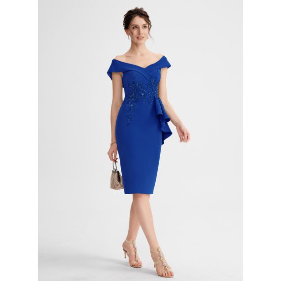 Bodycon V-neck Off-the-Shoulder Knee-Length Stretch Crepe Cocktail Dress With Beading Sequins