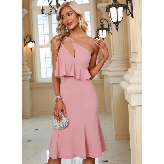 Mermaid One Shoulder Sleeveless Elegant Bodycon Cotton Blends Midi Dresses