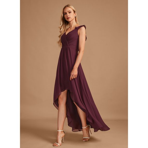 A-Line V-neck Asymmetrical Chiffon Bridesmaid Dress With Ruffle