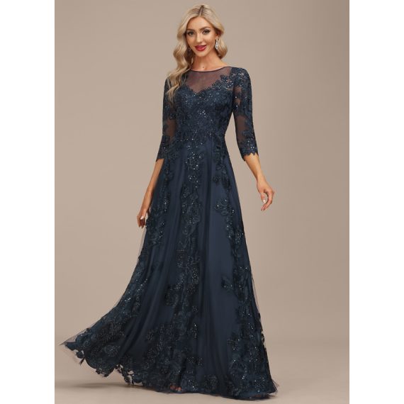 A-line Scoop Illusion Floor-Length Lace Tulle Mother of the Bride Dress With Sequins