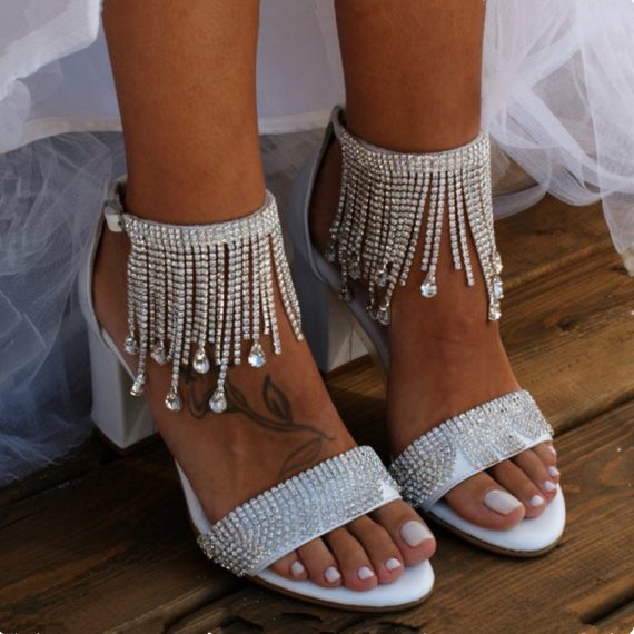 Women's Leatherette High Heel Block Heel open Toe With Rhinestone