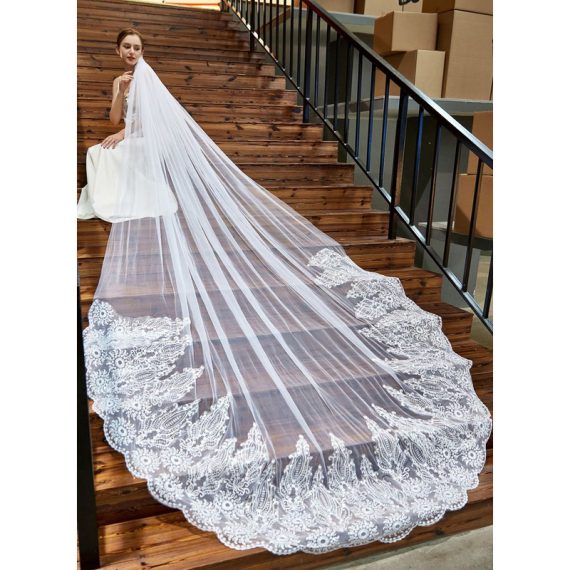One-tier Lace Applique Edge Cathedral Bridal Veils With Lace