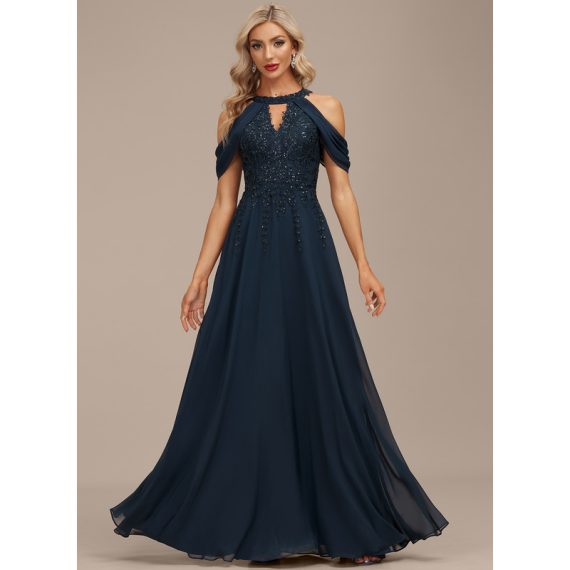 A-Line Scoop Cold Shoulder Floor-Length Chiffon Lace Evening Dress With Sequins