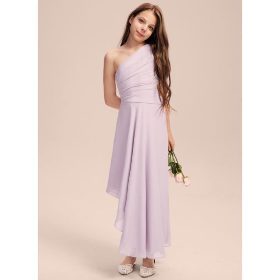 A-Line One-Shoulder Asymmetrical Chiffon Junior Bridesmaid Dress With Pleated