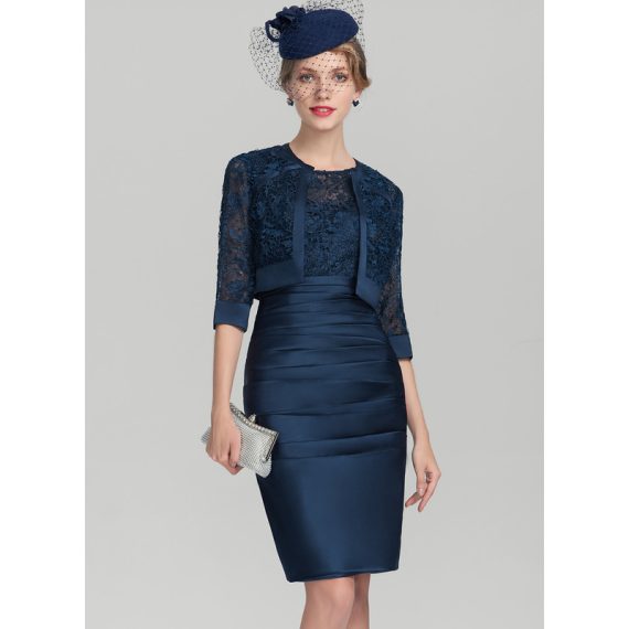 Sheath/Column Scoop Knee-length Lace Satin Mother of the Bride Dress With Ruffle