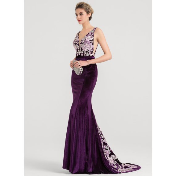 Trumpet/Mermaid V-neck Sweep Train Lace Velvet Evening Dress