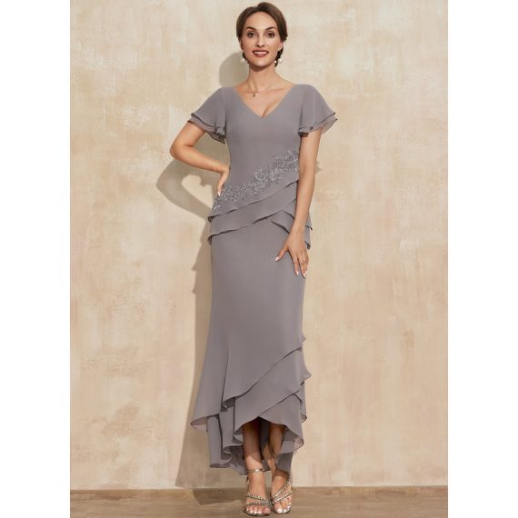 Sheath/Column V-Neck Asymmetrical Chiffon Mother of the Bride Dress With Cascading Ruffles Appliques Lace