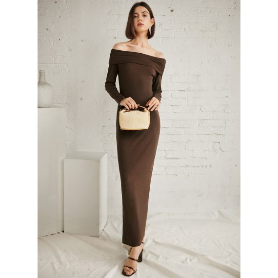 Off the Shoulder Long Sleeves Elegant Bodycon Cotton Blends Midi Dresses