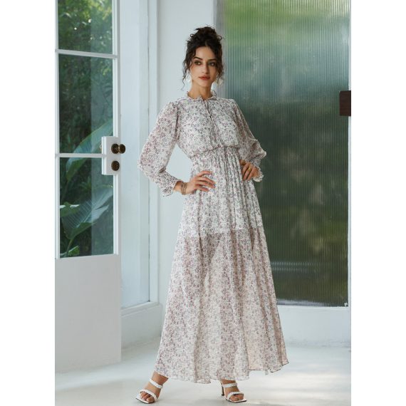Round Neck Long Sleeves Vacation A-line Chiffon Midi Dresses