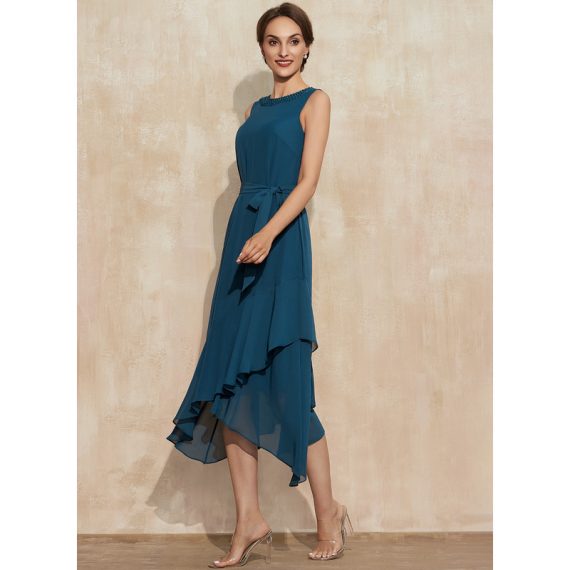 A-line Scoop Asymmetrical Chiffon Mother of the Bride Dress With Beading Cascading Ruffles
