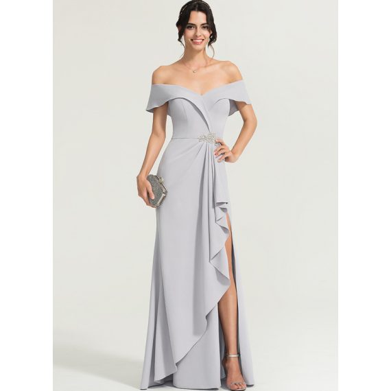 Sheath/Column Off-the-Shoulder Floor-Length Stretch Crepe Evening Dress With Beading Cascading Ruffles