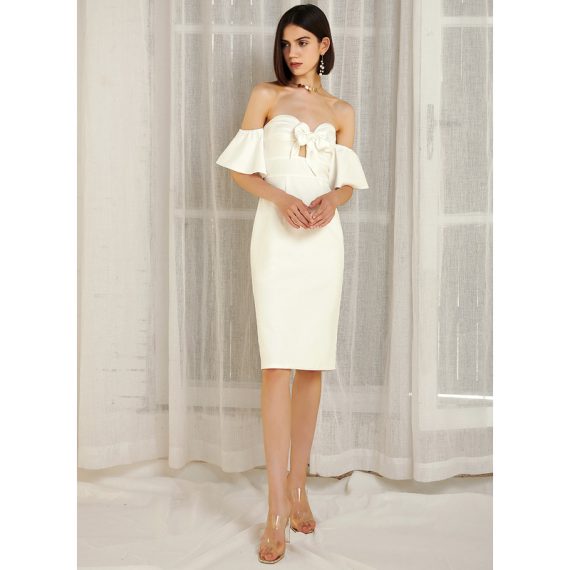 Off the Shoulder Short Sleeves Sexy Bodycon Stretch Crepe Midi Dresses