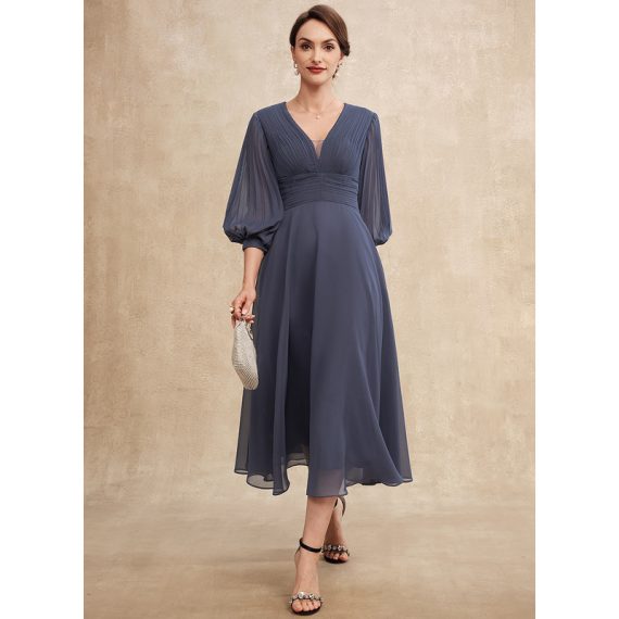 A-line V-Neck Tea-Length Chiffon Evening Dress With Pleated