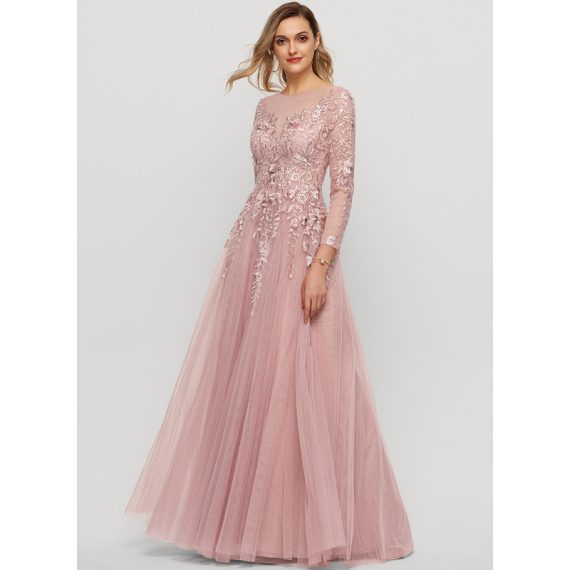 A-Line Scoop Illusion Floor-Length Tulle Lace Evening Dress