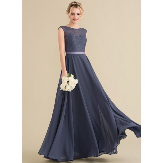 A-Line Scoop Neck Floor-Length Chiffon Satin Lace Bridesmaid Dress With Bow(s)