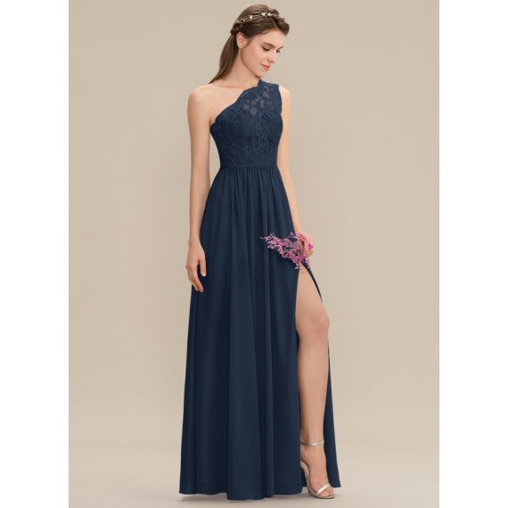 A-Line One-Shoulder Floor-Length Chiffon Lace Bridesmaid Dress With Split Front