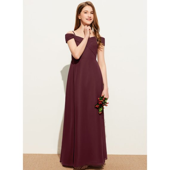 A-Line Cold Shoulder Floor-Length Chiffon Junior Bridesmaid Dress