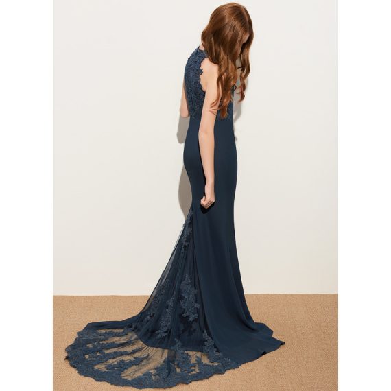 Trumpet/Mermaid Halter Sweep Train Chiffon Lace Junior Bridesmaid Dress
