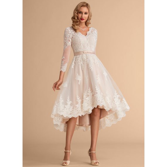 A-Line V-neck Asymmetrical Satin Tulle Lace Wedding Dress