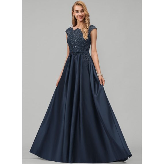 Ball-Gown/Princess Scoop Floor-Length Satin Prom Dresses With Beading Bow Sequins