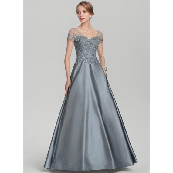 Ball-Gown/Princess V-neck Floor-Length Satin Lace Mother of the Bride Dress With Beading Sequins