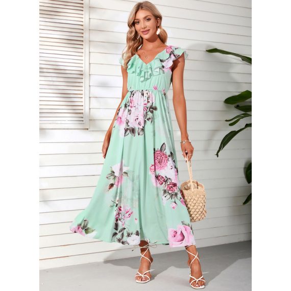 V-Neck Cap Sleeve Vacation A-line Chiffon Midi Dresses