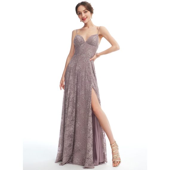 A-Line V-neck Floor-Length Lace Bridesmaid Dress