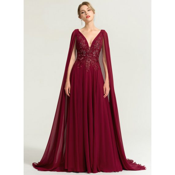 A-Line V-neck Sweep Train Chiffon Lace Wedding Dress With Sequins