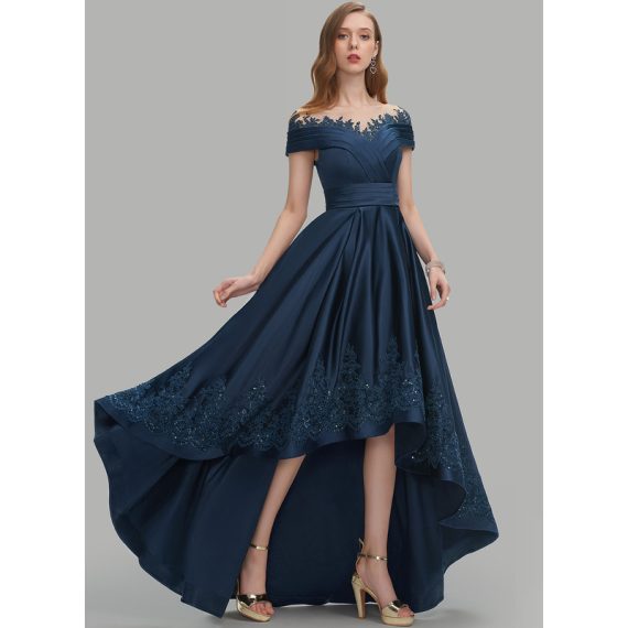 Ball-Gown/Princess Scoop Asymmetrical Satin Lace Prom Dresses With Sequins