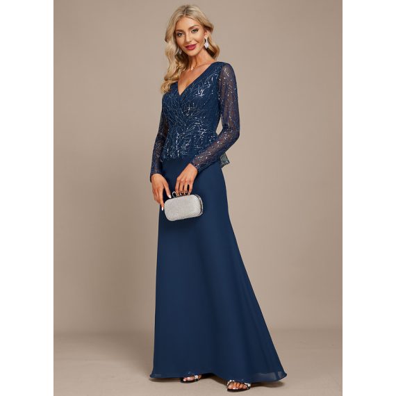 Sheath/Column V-neck Floor-Length Chiffon Sequined Evening Dress