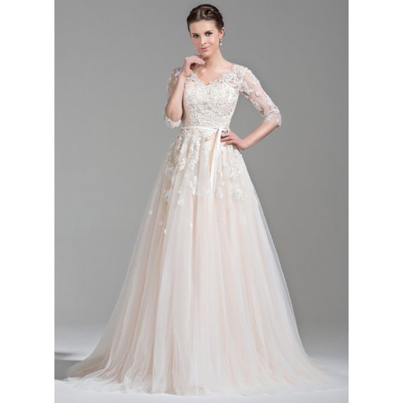 Ball-Gown/Princess V-neck Court Train Satin Tulle Wedding Dress With Beading Appliques Lace Sequins Bow(s)